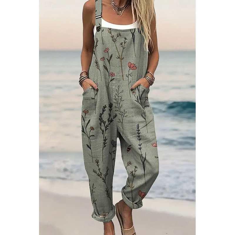Women's Dungarees Active Floral Sleeveless Sleeveless Harem Square Neck Pocket with Pocket Vacation Daily Loose Fit Army Green Green Beige Summer2