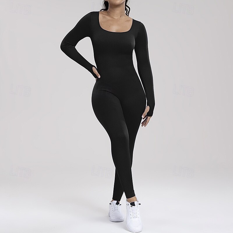 Women's Workout Jumpsuit One Piece Romper Fall Solid Color Bodysuit rice white Black Gym Athletic Running Breathable Tummy Control Long Sleeve Sport Activewear2