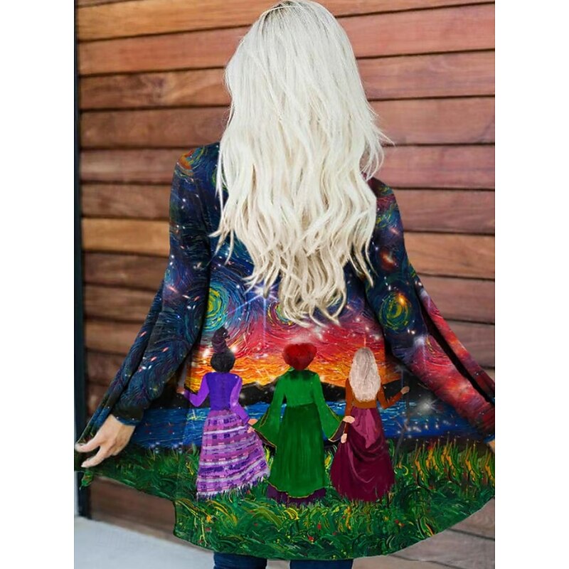 Halloween Women's Coat Lightweight Comfortable Black Cat Print Open Front Vintage Artistic Casual Skull Black cat Casual Long Collarless Regular Fit Long Sleeve Outerwear Black Blue Khaki Spring Fall2