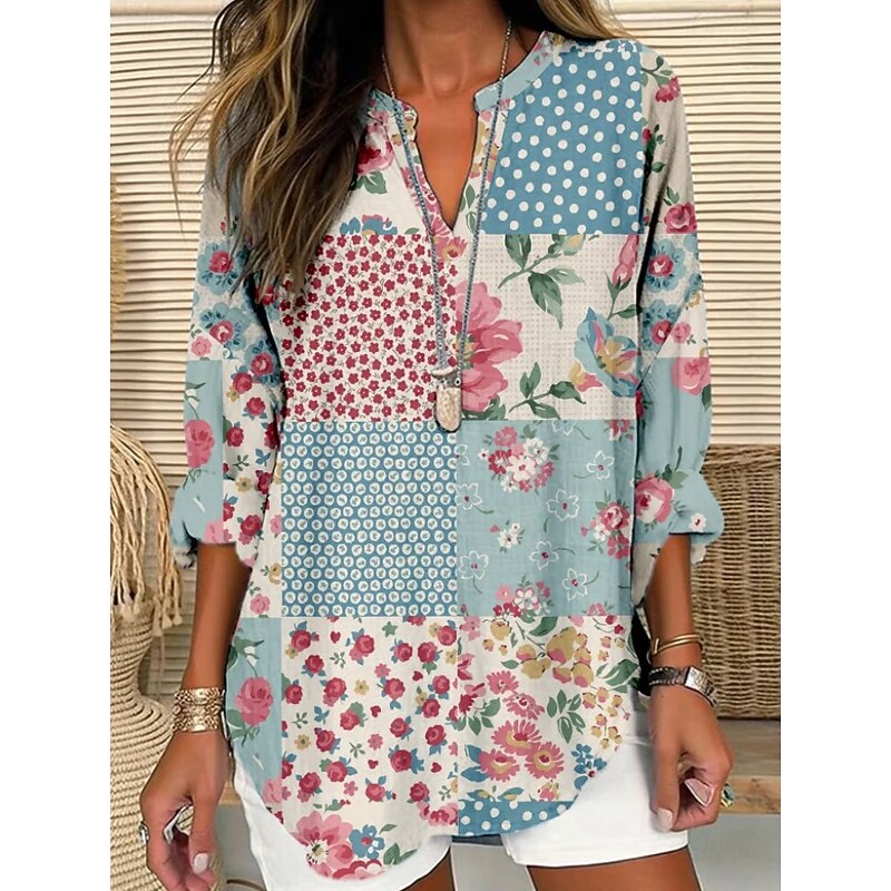 Women's Blouse Tunic V Neck Long Sleeve Boho Casual Ombre Graphic Geometric Vintage Daily Stylish Regular Tops Daily Print White Blue Sky Blue Light Purple Purple Fall2