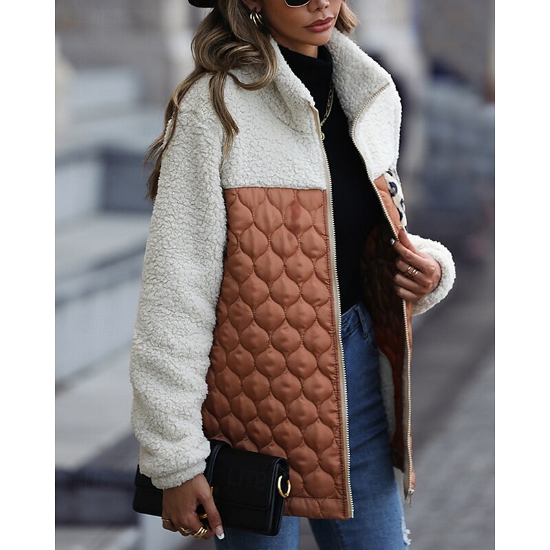 Women's Fleece Jacket Coat Warm Comfortable Patchwork Zipper Pocket Fashion Modern Casual Leopard Going out Weekend Zipper Regular Turndown Regular Fit Long Sleeve Outerwear Black Wine Army Green4