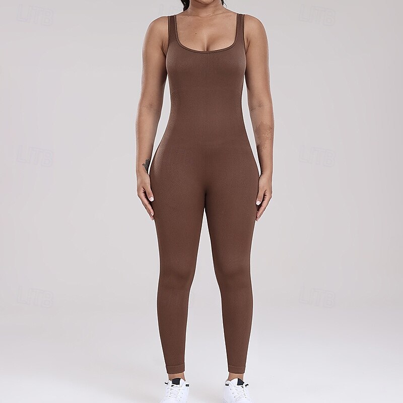 Women's Workout Jumpsuit One Piece Tank Top Leggings Romper Solid Color Bodysuit rice white Black Gym Athletic Running Breathable Tummy Control Sleeveless Sport Activewear2