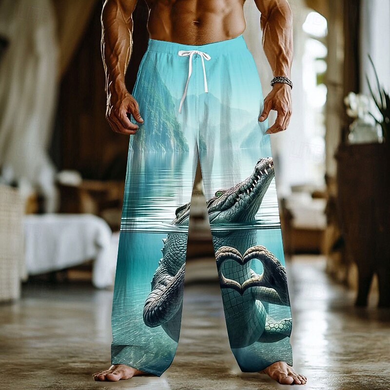 Men's Heart Animal Crocodile Trousers Baggy Pants Casual Pants Mid Waist Funny Outdoor Vacation Elastic Drawstring Waist Linen-Like Pants with Pockets Spring Fall 3D Print Green Light Blue