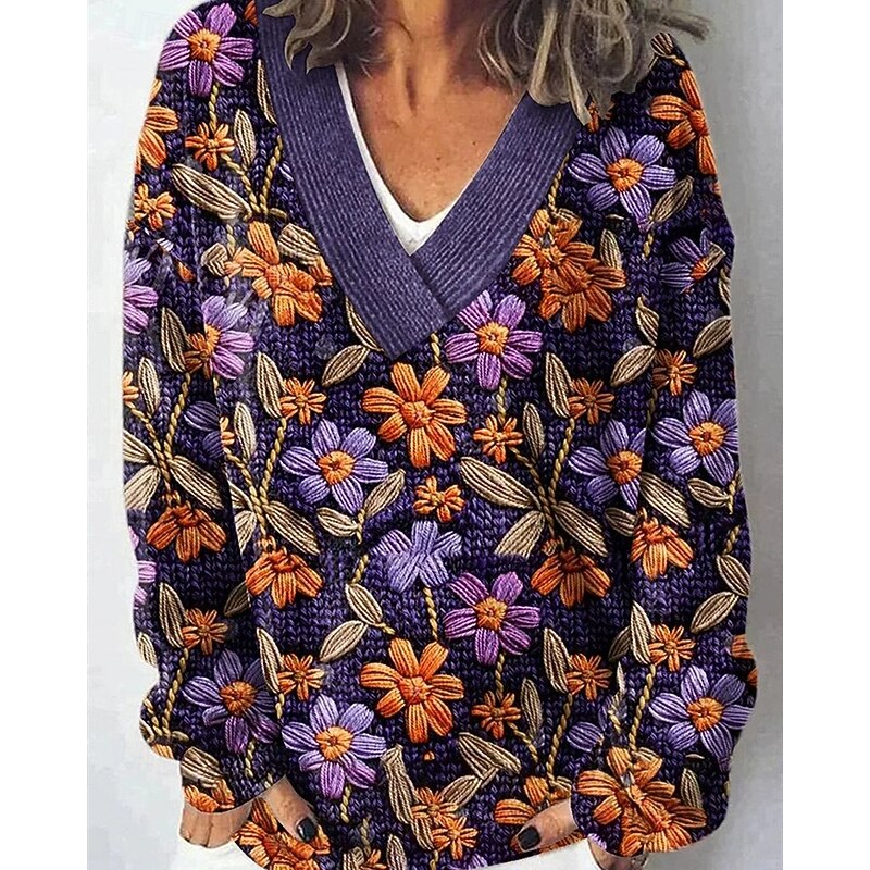 Women's Sweater Fashion Floral Graphic Ribbed V Neck Knitted Long Sleeve Regular Tops Knit Holiday Going out Weekend Purple Winter