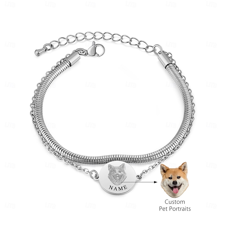 Personalized Pet Photo Memorial Bracelet, Custom Laser Engraved Double Chain Stainless Steel Wristband, Gold/Silver Keepsake Jewelry Gift for Mom, Dad, Couples - Main Image
