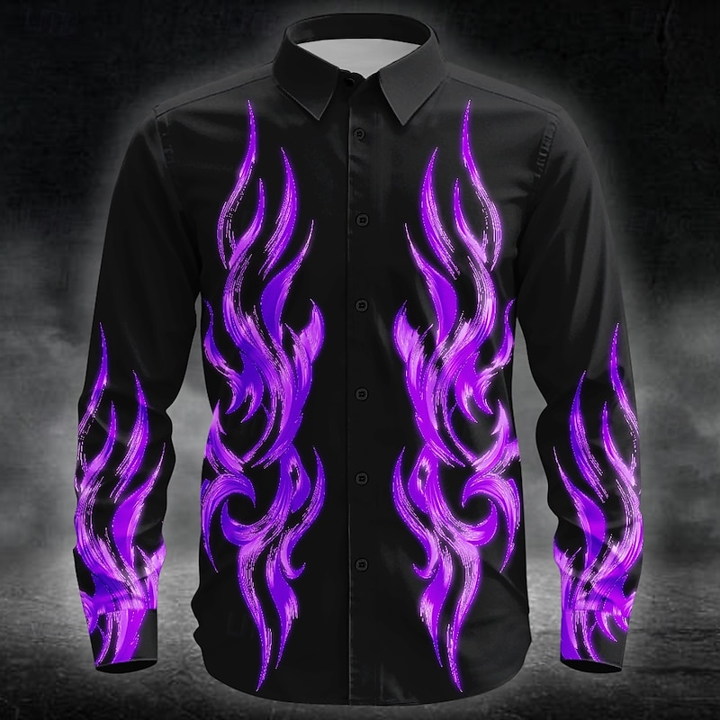 Halloween Men's Flame Neon Glow Shirt Button Up Shirt Long Sleeve Dark Punk Gothic Style Outdoor Holiday Summer Spring Turndown 3D Print Collared Shirts Blue Purple Green Rose Red