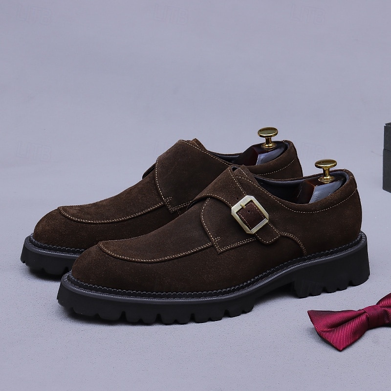 Men's Brown Suede Leather Monk Strap Shoes - Genuine First Layer Cowhide Classic Business Dress Footwear for Office and Formal Occasions2