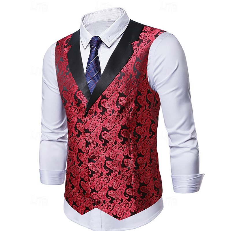 Men's Vest Waistcoat Gilet Vacation Party Business Fashion Casual Spring Fall Pocket Buttons Polyester Comfortable Paisley Single Breasted One-button Peaked Lapel Regular Fit Red Vest3
