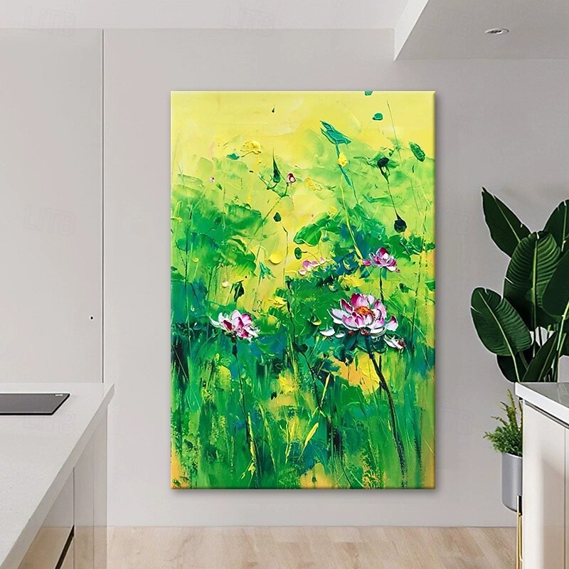 Handmade Oil Painting Canvas Wall Art Decoratio Abstract Green Lotus Flowers Landscape for Home Decor Rolled Frameless Unstretched Painting3