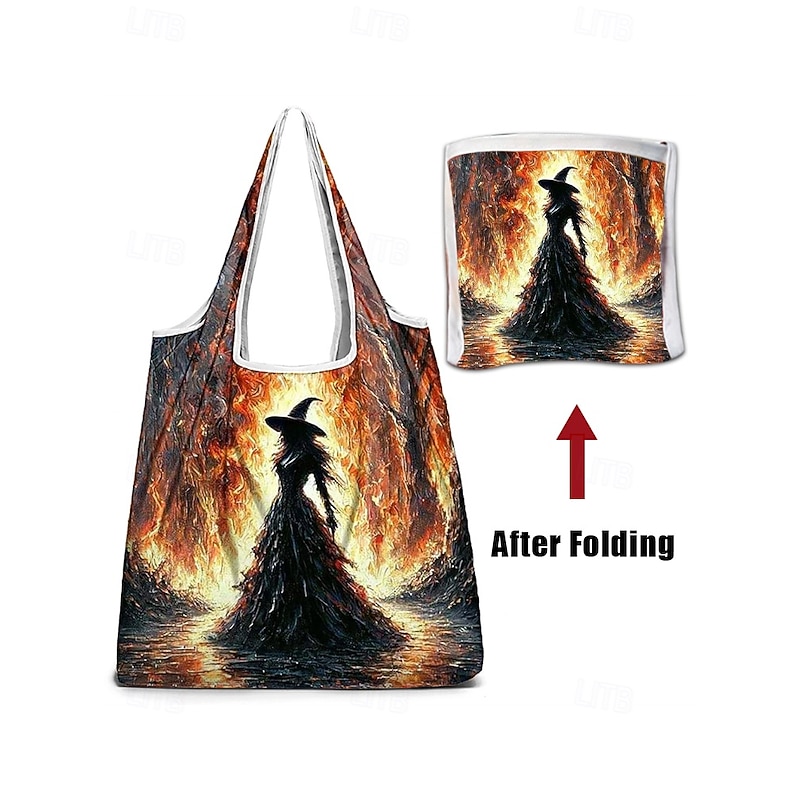 Women's Halloween Witch Print Foldable Reusable Tote – Lightweight Large-Capacity Shoulder Shopping Bag with Reinforced Seams & Washable Fabric for Trick-or-Treat, Parties, Travel & Everyday Use