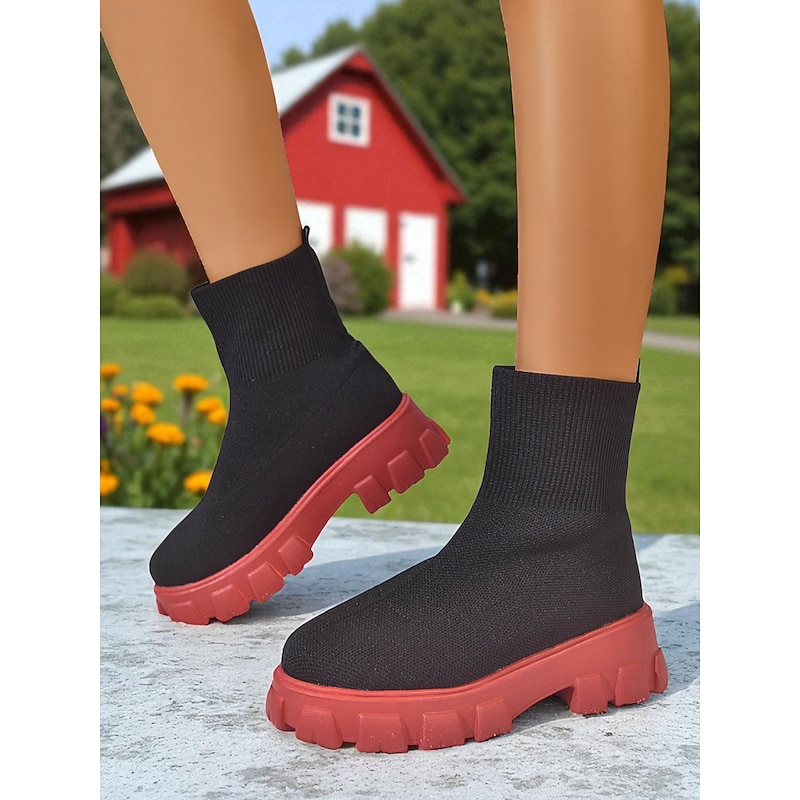 Women's Black Sock Boots with Chunky Red Soles – Stylish Stretch Knit Ankle Boots for Streetwear, Autumn & Winter Outfits