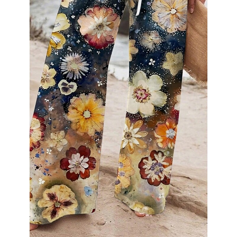 Women's Wide Leg Pants Trousers Vacation Casual Long High Waist Floral Elastic Waist Printing High Cut Breathability Soft Micro-elastic Vacation Street Daily Wear Dark Navy Spring Fall Regular Fit2