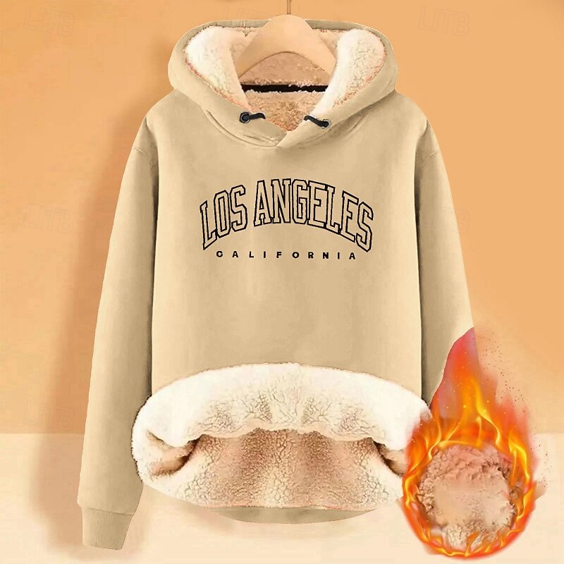 Women's Fleece Lined Pullover Sweatshirt Pajamas Pullover Hoodie Sweatshirt Letter Streetwear Casual Long Sleeve Hooded Regular Tops Street Holiday Going out Print Denim Blue Navy Blue Blue Dark Blue