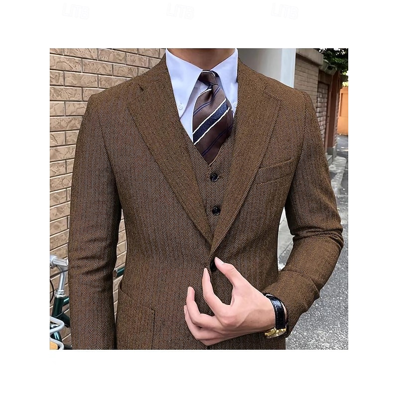 Men's Business Casual Tweed Suits Notch Lapel Coffee Solid Colored Tailored Fit 3 Piece Single Breasted Three-buttons4