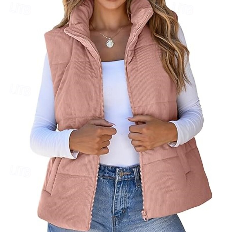 Women's Vest Warm Comfortable Zipper Pocket Fashion Plain Going out Weekend Zipper Regular Stand Collar Regular Fit Sleeveless Outerwear Black Pink Apricot Fall Winter3