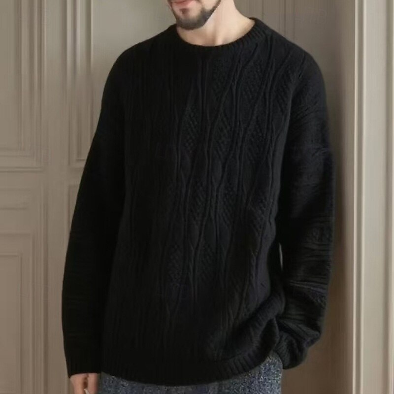 Men's Sweater Pullover Sweater Jumper Cable Knit Regular Tops Knitted Plain Crew Neck Knitwear Contemporary Casual Daily Wear Clothing Apparel Fall & Winter Camel Black S M L3