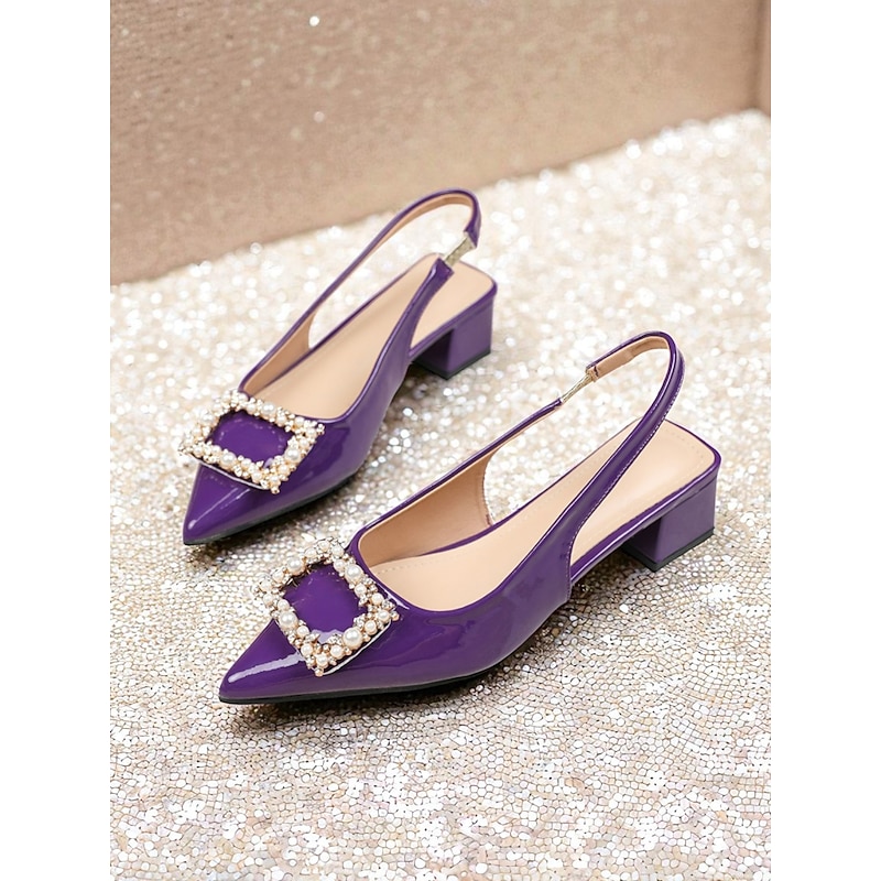Women's Purple Patent Leather Slingback Pumps - Pointed Toe Low Block Heels with Pearl Buckle for Nightlife Parties and Evening Glam Looks4