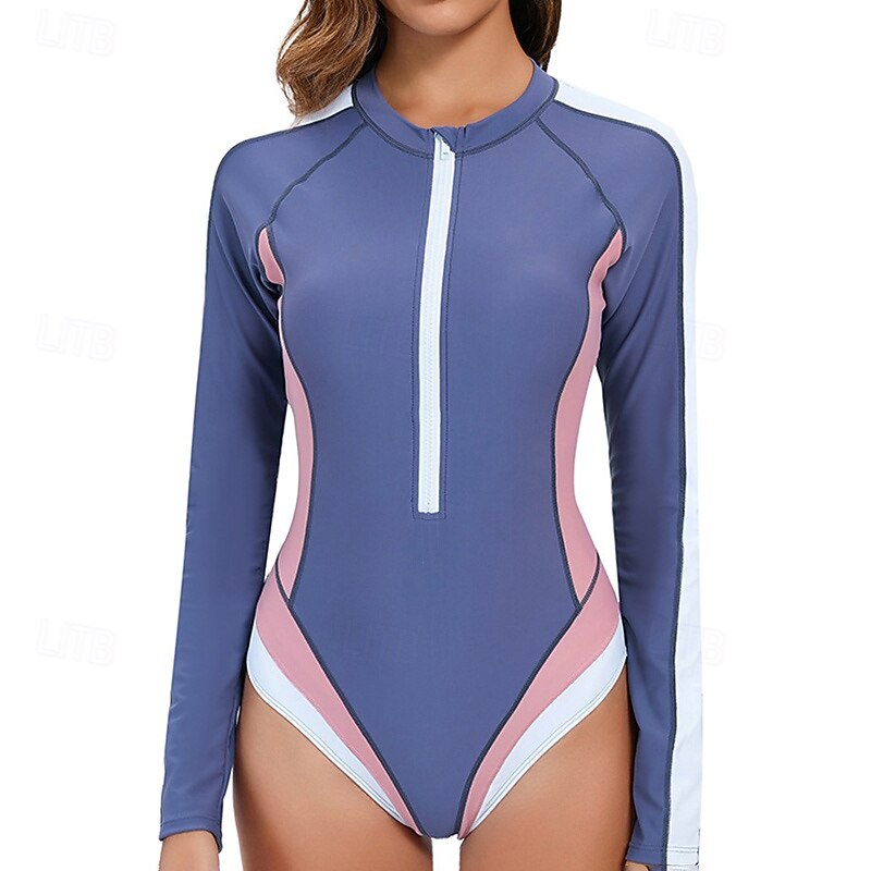 Women's Bathing Suit Rash Guard UV Sun Protection UPF50+ Long Sleeve Swimwear Zip Up Swimming Surfing Patchwork Summer Spring Autumn2