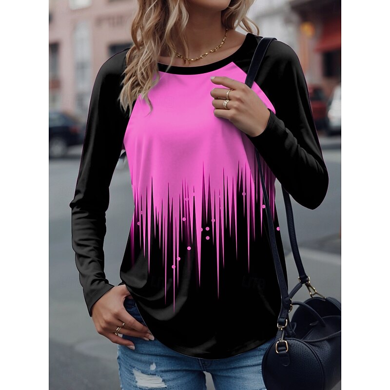 Women's T Shirt Graphic Geometric Stylish Casual Long Sleeve Crew Neck Regular Tops Daily Weekend Print White Yellow Pink Blue Purple Spring Fall Winter2