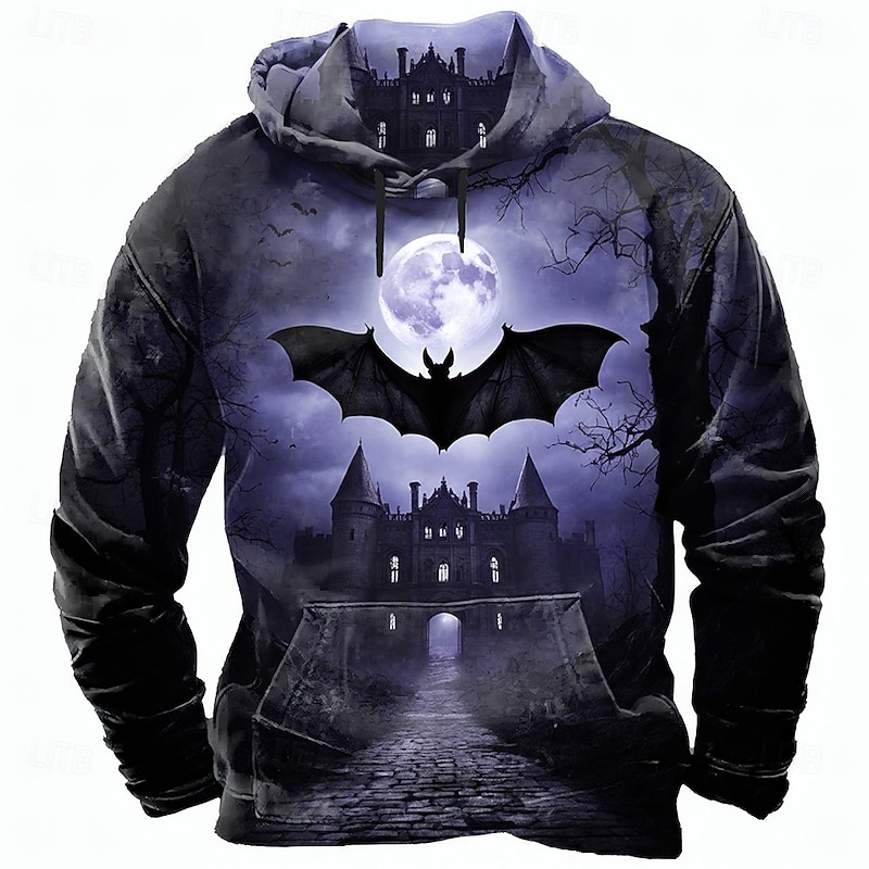 Halloween Men's Bat Castle Sweatshirt Punk Exaggerated Long Sleeve Crew Neck Club Streetwear Blue Purple Drawstring Fall Winter Designer2