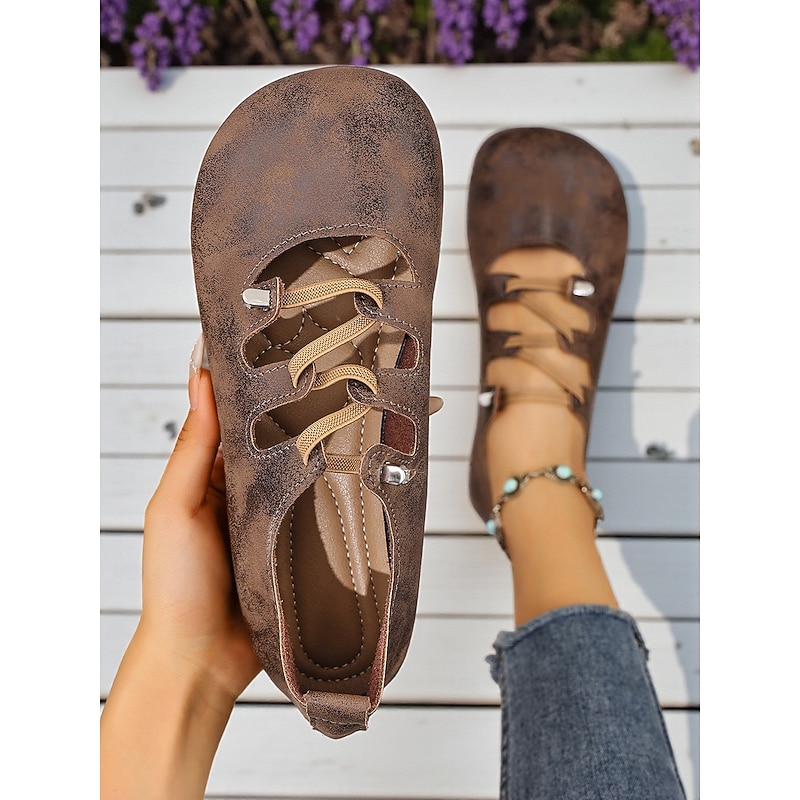 Women's Wide-Width Dark Brown Faux Leather Flats with Adjustable Straps – Comfortable Retro Casual Shoes for Daily Wear and Walking
