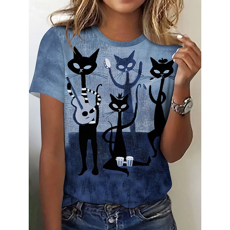 Women's T Shirt Graphic Animal Cat Vintage Stylish Classic Short Sleeve Crew Neck Round Neck Regular Tops Daily Weekend Print Dusty Blue Summer Spring Fall