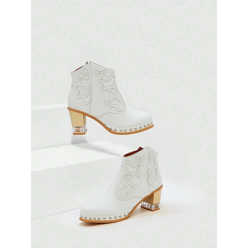 Women's White Leather Western Ankle Boots - Studded Trim, Embroidered Design, and Chunky Wooden Heel for Trendy Casual Outfits2