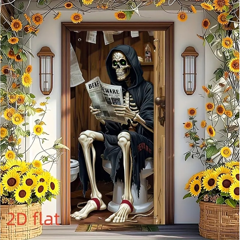 Halloween Door Cover Outdoor Banners Skeleton Grim Reaper Funny Psychedelic Dark Punk Gothic Style Party Outdoor Shooting Backgrounds Front Door Wall Porch Home Decor