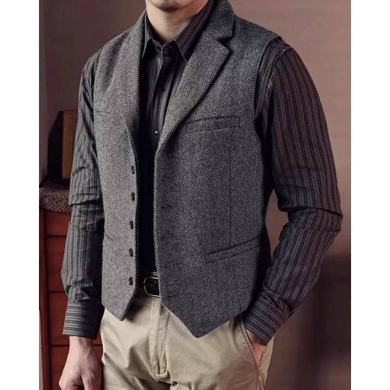 Men's Vest Waistcoat Gilet Vacation Party Business Fashion Casual Spring Fall Pocket Buttons Polyester Comfortable Plain Single Breasted One-button Lapel Regular Fit Khaki Gray Vest4