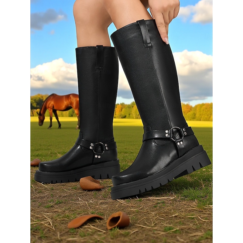 Women's Black Knee-High Platform Riding Boots - Chunky Lug Sole Harness Boots for Equestrian Style, Fall Fashion and Outdoor Casual Wear3