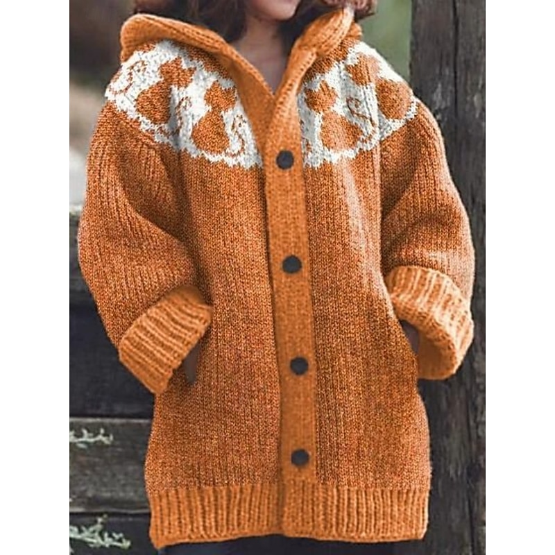 Women's Cardigan Vacation Daily Floral Ribbed Hooded Knitted Print Front Pocket Long Sleeve Regular Tops Knit Outdoor Daily Holiday Blue Orange Fall Winter