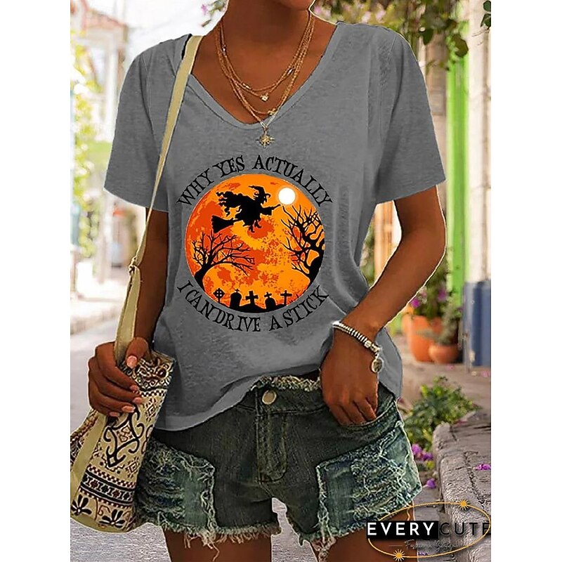 Halloween Women's T shirt Witch Graphic Letter Vintage Stylish Classic Short Sleeve V Neck Regular Tops Daily Print Black White Blue Green Gray Summer Spring4