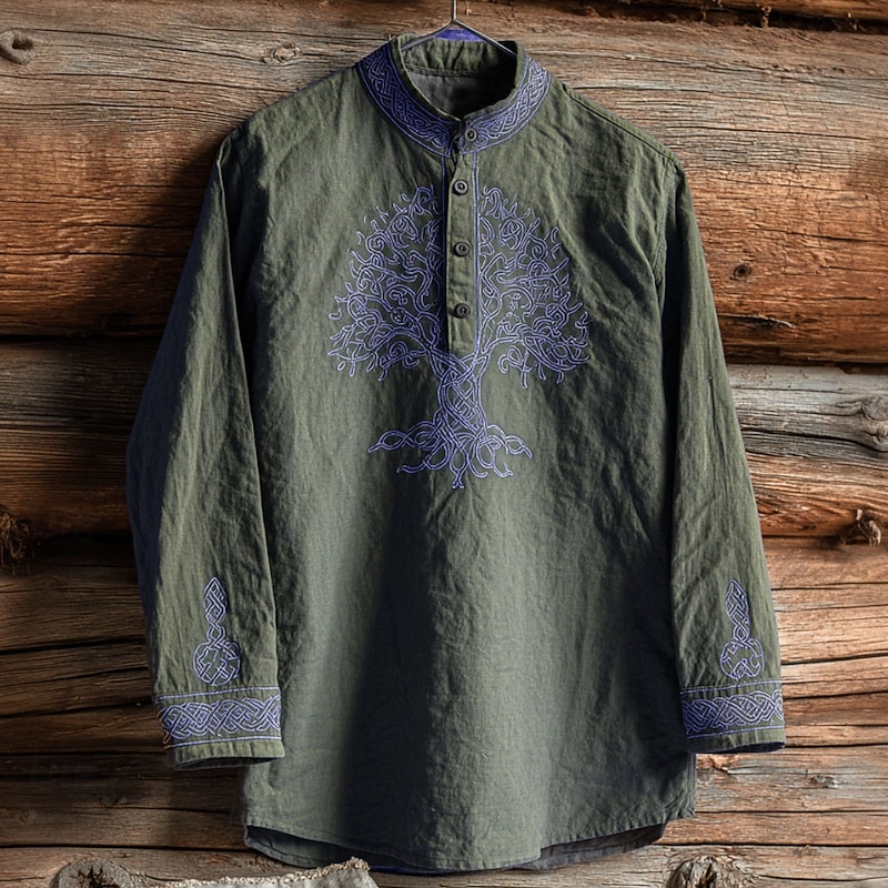 Men's Tree Of Life Shirt Henley Shirt Stand Collar Shirt Long Sleeve Vintage Retro Vacation Casual Summer Spring Mandarin Buttons Linen Like Shirt Purple Brown Green Gray2