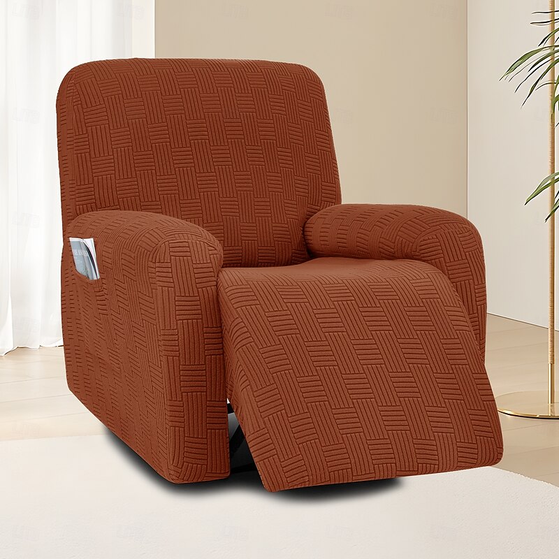 1-Seater Recliner Chair Cover with 5x5 Grid Design - Stretch Slipcover with Low Back and Wing Detail for Lounge or Living Room2