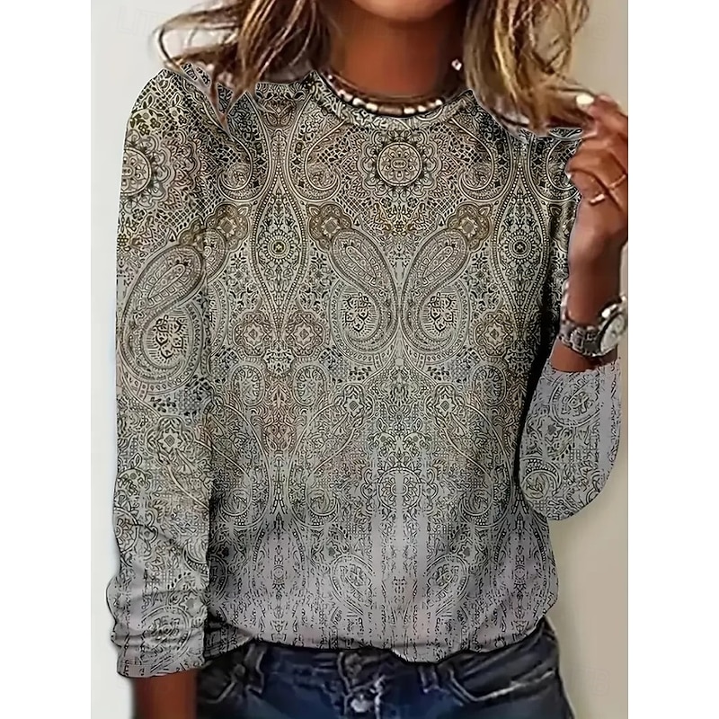 Women's T shirt Crew Neck Long Sleeve Tunic Floral Graphic Cat Vintage Stylish Classic  Round Neck Regular Tops Daily Weekend Print White Yellow Pink Blue Khaki Spring Fall2