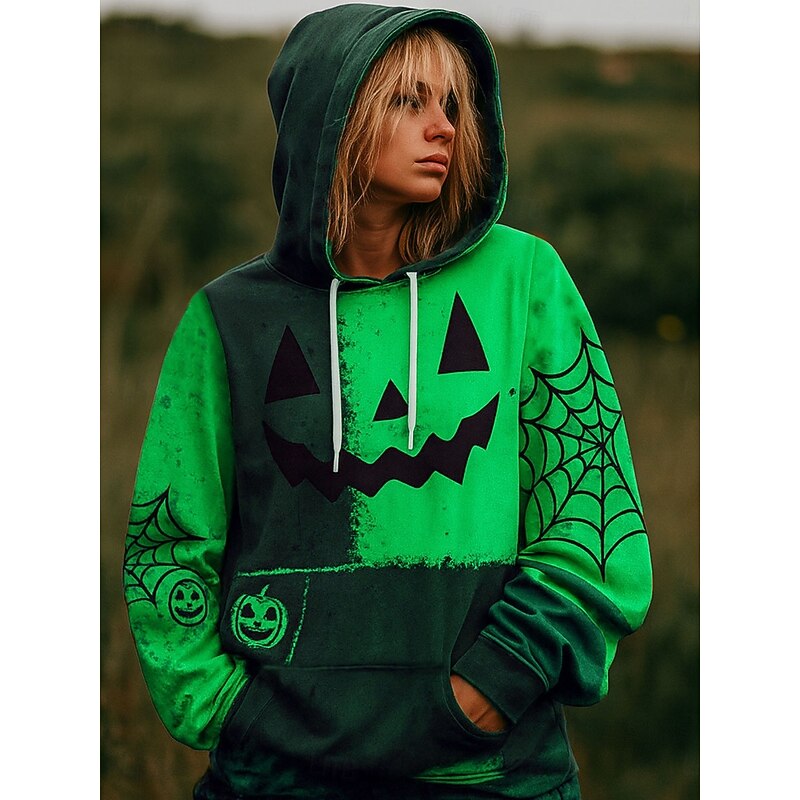 Halloween Women's Pullover Hoodie Sweatshirt Spider Web Graphic Fashion Casual Long Sleeve Hooded Regular Tops Street Dailywear Casual Drawstring Pocket Print Blue Purple Orange Green Fall Winter4