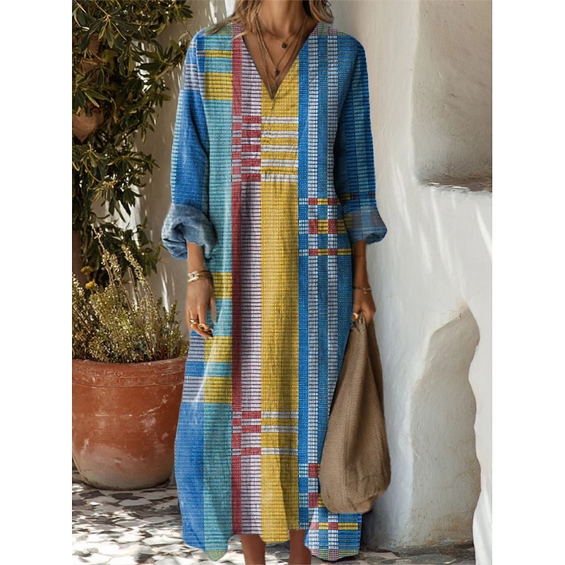 Women's Midi Dress Sundress A Line Dress Vacation Casual Boho Party Holiday Beach Loose Fit Floral Graphic Geometric Long Sleeve V Neck Dark Red Pink Blue Purple Summer Spring Fall