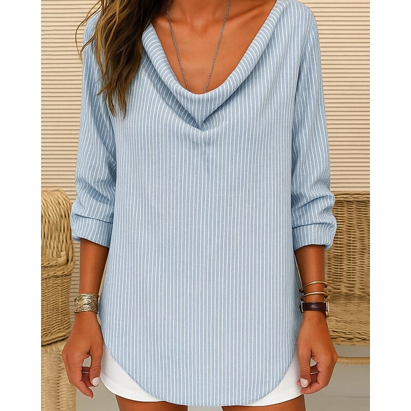 Women's T Shirt Striped Casual Long Sleeve V Neck Regular Tops Going out Weekend Asymmetrical Black Yellow Gray Light Blue Fall