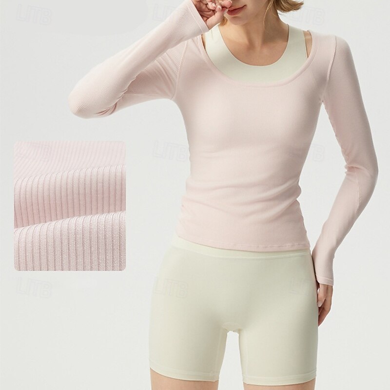 Women's Workout Shirt Crew Neck Breathable Long Sleeve Sports Solid Color Top For Gym Athletic Sports Slim Activewear