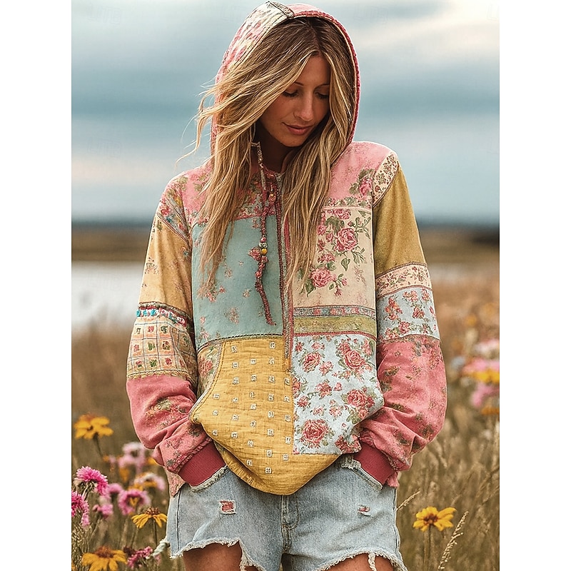 Women's 3D Print Vintage Boho Hoodie Patchwork Hoodie Sweatshirt Floral Pullover Sweatshirt Elegant Warm Active Hooded Street Dailywear Patchwork Print Yellow Light Green Pink Spring Fall Winter
