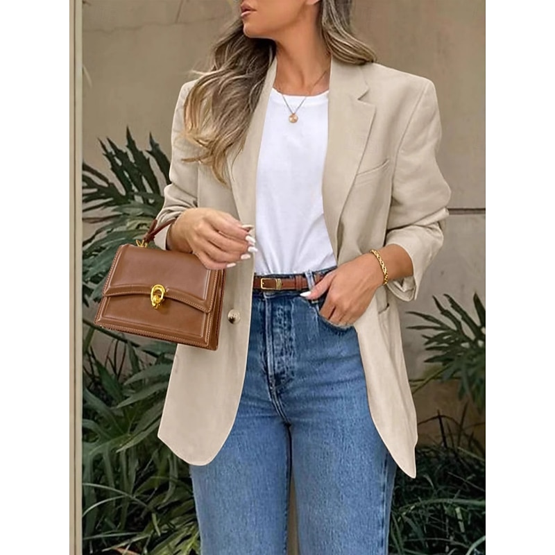Women's Blazer Comfortable Breathable Pocket Fashion OL Style Plain Outdoor Casual Daily Single Breasted Regular Lapel Regular Fit Long Sleeve Outerwear Black White Khaki Spring Fall