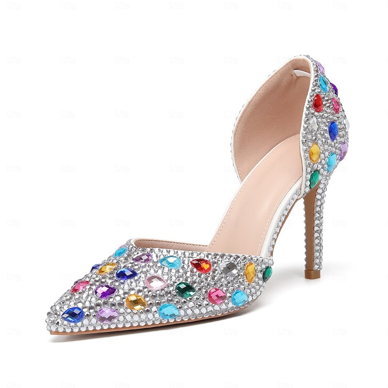 Women's Silver Colorful Rhinestone Stiletto Heels – Sparkly Crystal Embellished Pointed Toe Pumps for Wedding, Prom, and Party Events3