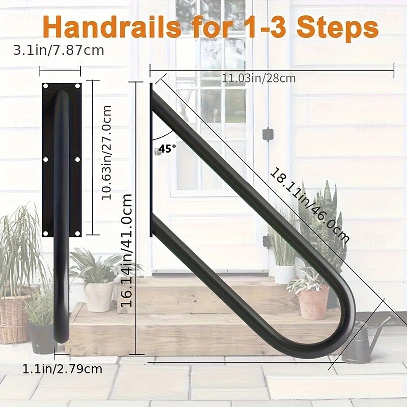 Sturdy U-Shaped Handrail for 1-3 Steps - Durable Varnished Finish, Indoor/Outdoor Black Stair Railing, Wall Mounted Step Support, Safety Assist Bar for Stairs, Bathroom, Porch, Garage - Easy3