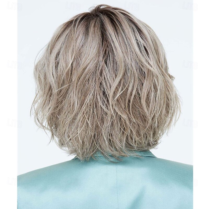 Women’s Ash Blonde Silver Highlight Short Wavy Bob Wig Natural Looking Realistic Synthetic Hair Heat Resistant Side Part Elegant Daily Wear Fashion Style2
