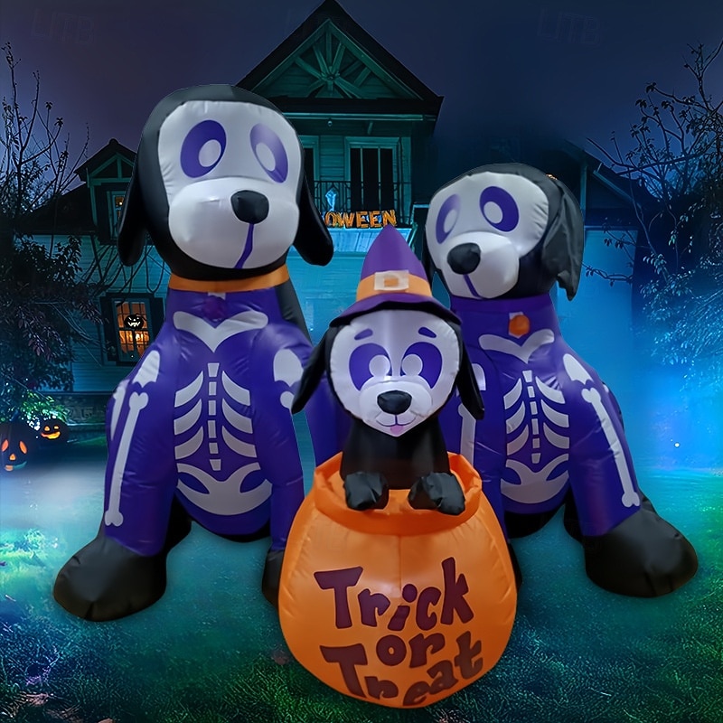 1 Pc 1.8M/6FT Halloween Three Skeleton Puppies LED Light Emitting Pumpkin Bucket Inflatable Air Model Indoor and Outdoor Courtyard Lawn Garden Party Festival Atmosphere Decorative US/EU/UK/AU Plug4