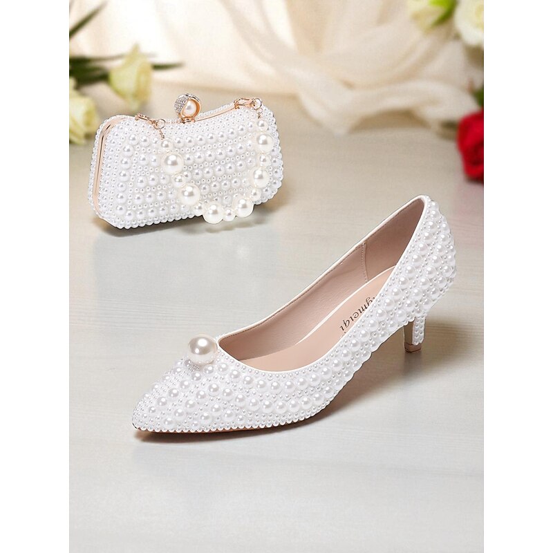 Women's Pearl-Embellished Kitten Heel Pumps and Matching Purse Set - Elegant Bridal Shoes and Purse for Weddings, Special Occasions