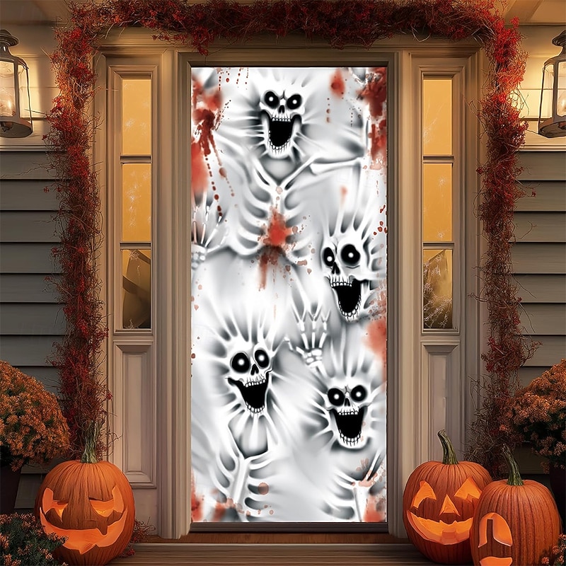 Halloween Door Cover Outdoor Banners Skeleton Ghost 3D Psychedelic Dark Punk Gothic Style Party Outdoor Shooting Backgrounds Front Door Wall Porch Home Decor2