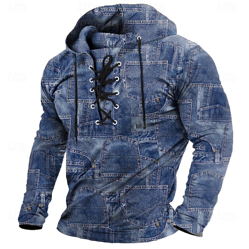 Men's Tribal Bandana Print Stylish Ethnic Long Sleeve Hooded Streetwear Blue Khaki Drawstring Layered Fall Winter Designer