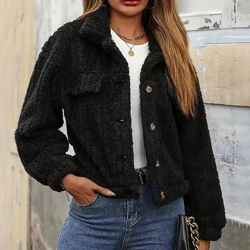 Women's Double Fuzzy Jacket Thick Warm Buttons Long Sleeve Sports Solid Color Top For Outdoor Travel Vacation Activewear3