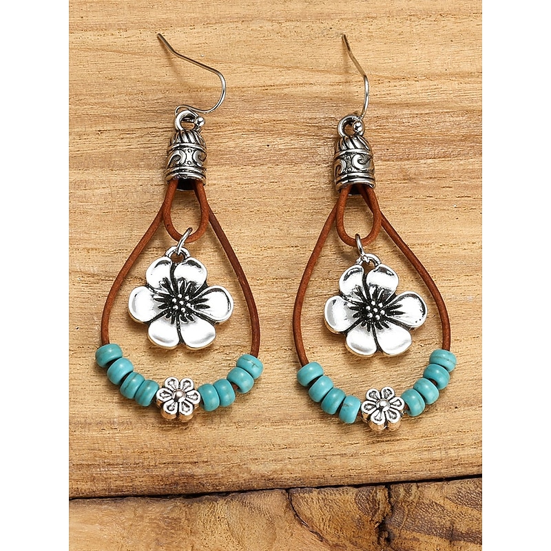 Women's Boho Floral Drop Earrings – Turquoise Beaded Western Style Dangle Earrings for Summer Festivals, Parties and Everyday Outfits4